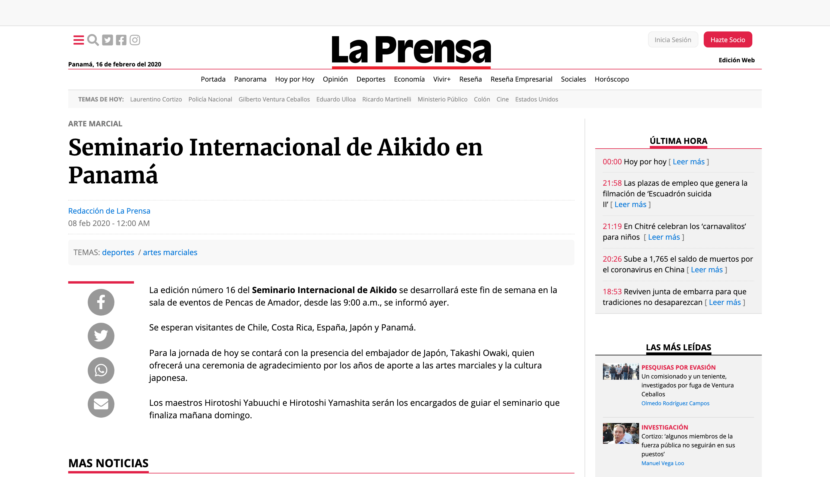 Artículo de La Prensa sobre el Seminario Internacional de Aikido en Panamá
