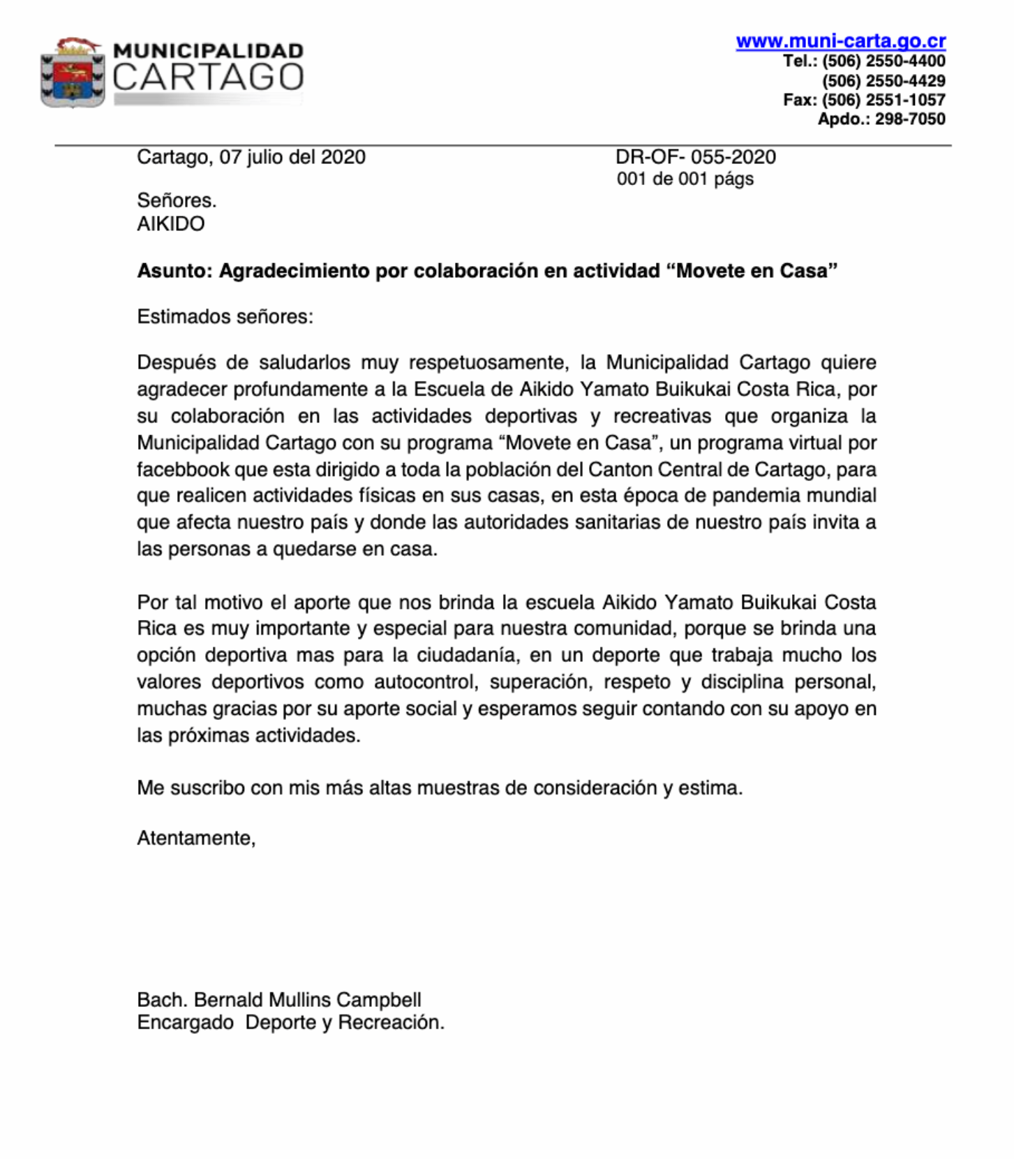 Carta de agradecimiento por taller del curso Deportes Contempor&aacute;neos